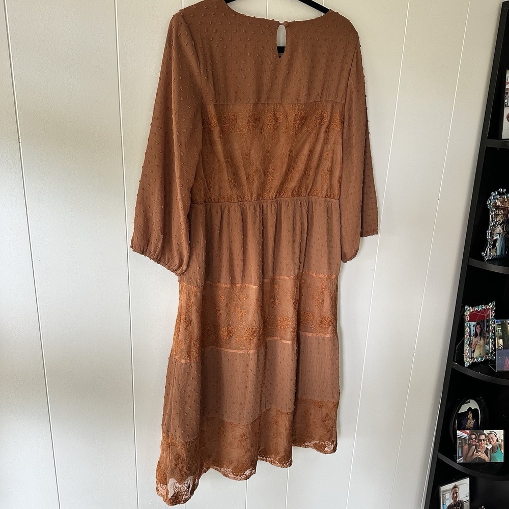 Pologram Swiss Dot Lace Boho Empire Waist Dress Burnt Orange Large Flowy Midi - Picture 5 of 8